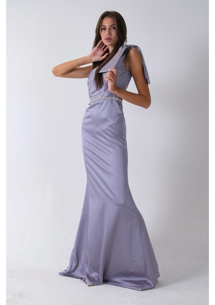 Gri Tek Omuz Drapeli Taş Detaylı Abiye 0801009.06 modelleri