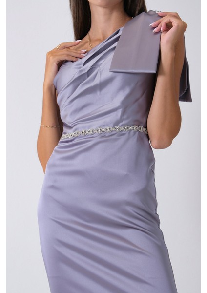 Gri Tek Omuz Drapeli Taş Detaylı Abiye 0801009.06