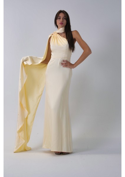 Sarı Yaka Kuşak Detaylı Tek Omuz Abiye 0801099.11