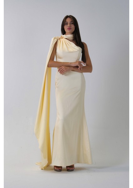 Sarı Yaka Kuşak Detaylı Tek Omuz Abiye 0801099.11 indirimleri