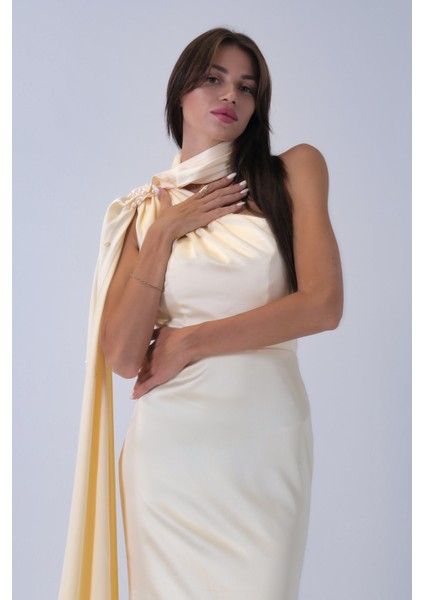 Sarı Yaka Kuşak Detaylı Tek Omuz Abiye 0801099.11