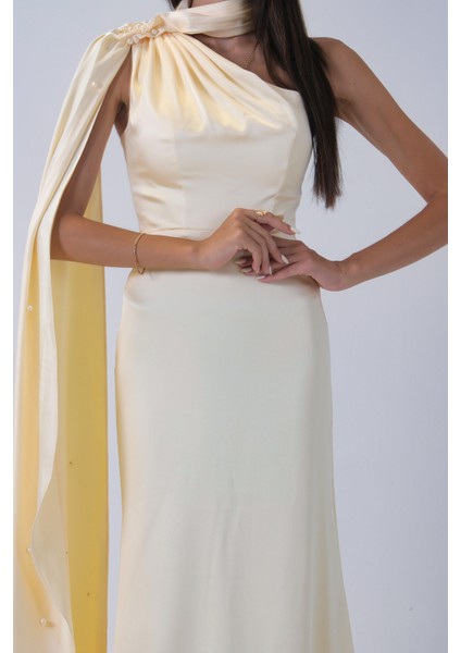 Sarı Yaka Kuşak Detaylı Tek Omuz Abiye 0801099.11