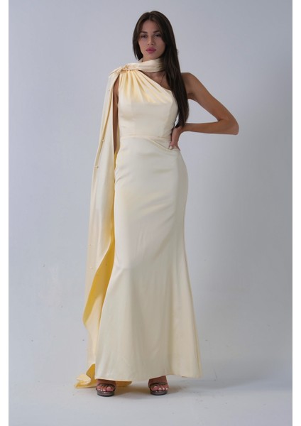 Sarı Yaka Kuşak Detaylı Tek Omuz Abiye 0801099.11