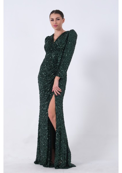 Zümrüt Pul Payetli Drapeli Önü Yırtmaçlı Abiye 9705393.123