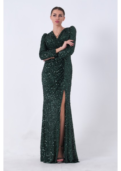 Zümrüt Pul Payetli Drapeli Önü Yırtmaçlı Abiye 9705393.123 modelleri