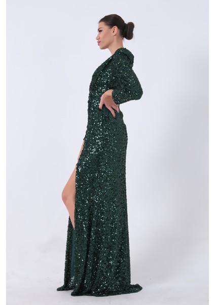 Zümrüt Pul Payetli Drapeli Önü Yırtmaçlı Abiye 9705393.123 fırsatları