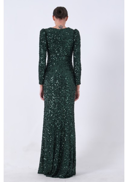 Zümrüt Pul Payetli Drapeli Önü Yırtmaçlı Abiye 9705393.123 indirimleri