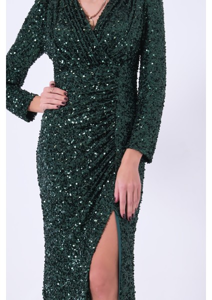 Zümrüt Pul Payetli Drapeli Önü Yırtmaçlı Abiye 9705393.123