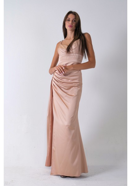 Gold Gümüş Askı Detaylı Yırtmaçlı Straplez Abiye 0801023.122