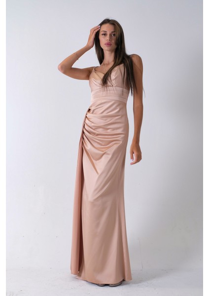 Gold Gümüş Askı Detaylı Yırtmaçlı Straplez Abiye 0801023.122 modelleri