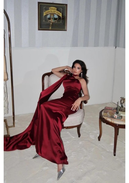 Bordo Yaka Kuşak Detaylı Tek Omuz Abiye 0801099.04 fiyatları