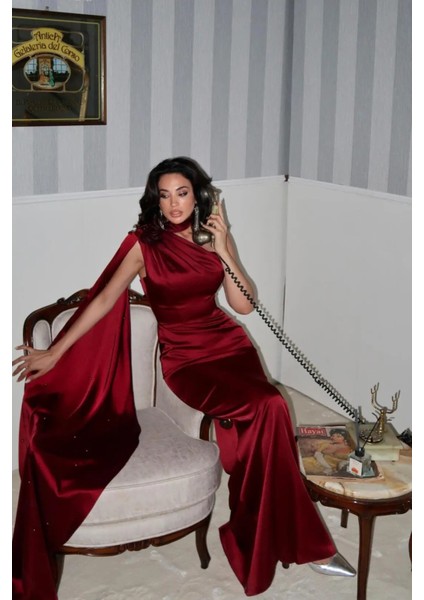 Bordo Yaka Kuşak Detaylı Tek Omuz Abiye 0801099.04 modelleri
