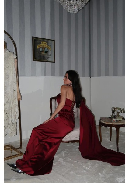 Bordo Yaka Kuşak Detaylı Tek Omuz Abiye 0801099.04 indirimleri