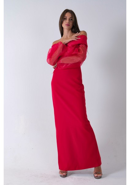 Kırmızı Organze Kol Detaylı Kayık Yaka Abiye 0801086.08