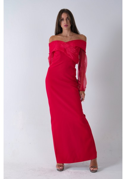 Kırmızı Organze Kol Detaylı Kayık Yaka Abiye 0801086.08 fiyatları