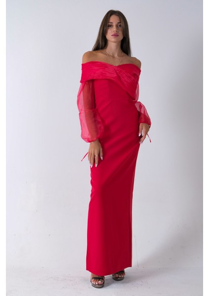 Kırmızı Organze Kol Detaylı Kayık Yaka Abiye 0801086.08 modelleri