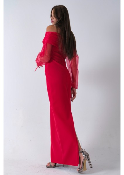 Kırmızı Organze Kol Detaylı Kayık Yaka Abiye 0801086.08 fırsatları