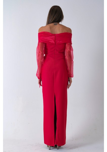 Kırmızı Organze Kol Detaylı Kayık Yaka Abiye 0801086.08 indirimleri