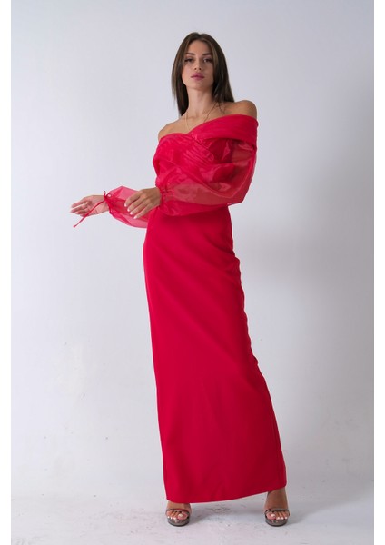Kırmızı Organze Kol Detaylı Kayık Yaka Abiye 0801086.08