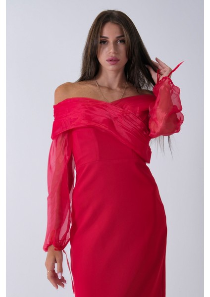 Kırmızı Organze Kol Detaylı Kayık Yaka Abiye 0801086.08