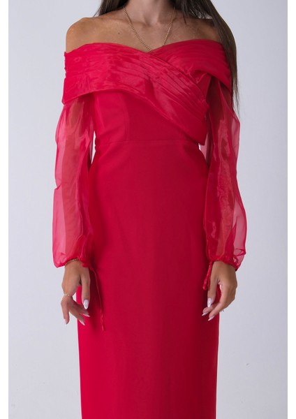 Kırmızı Organze Kol Detaylı Kayık Yaka Abiye 0801086.08