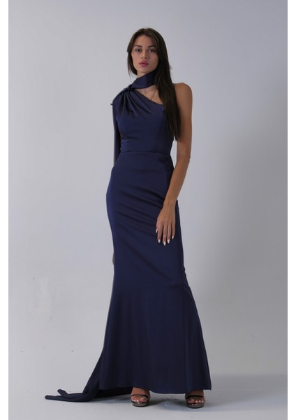 Lacivert Yaka Kuşak Detaylı Tek Omuz Abiye 0801099.02