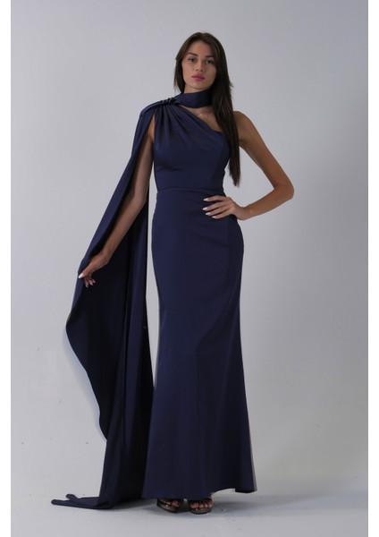 Lacivert Yaka Kuşak Detaylı Tek Omuz Abiye 0801099.02 fiyatları