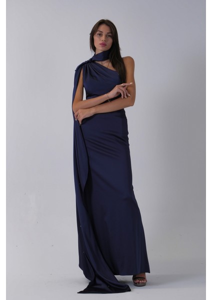 Lacivert Yaka Kuşak Detaylı Tek Omuz Abiye 0801099.02 modelleri