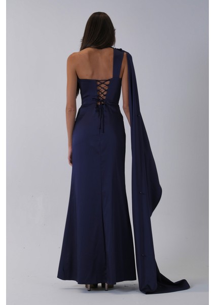 Lacivert Yaka Kuşak Detaylı Tek Omuz Abiye 0801099.02 indirimleri