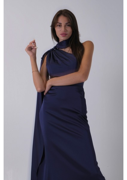 Lacivert Yaka Kuşak Detaylı Tek Omuz Abiye 0801099.02