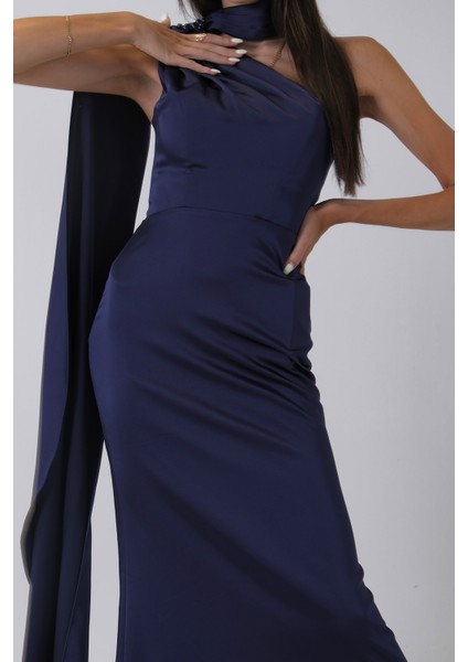 Lacivert Yaka Kuşak Detaylı Tek Omuz Abiye 0801099.02