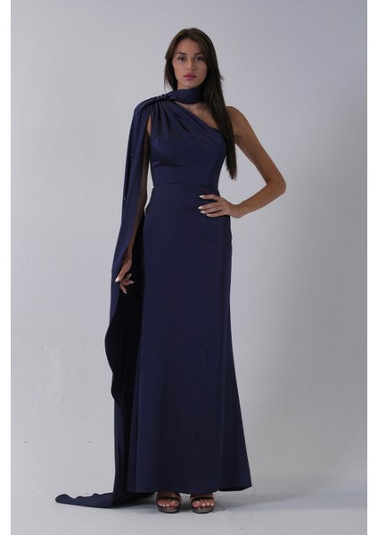 Lacivert Yaka Kuşak Detaylı Tek Omuz Abiye 0801099.02