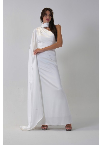 Beyaz Yaka Kuşak Detaylı Tek Omuz Abiye 0801099.15