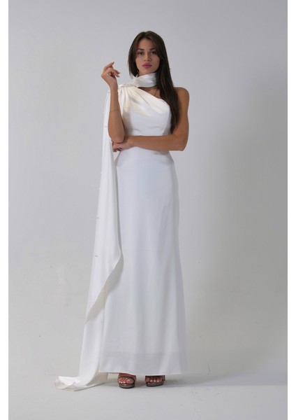 Beyaz Yaka Kuşak Detaylı Tek Omuz Abiye 0801099.15