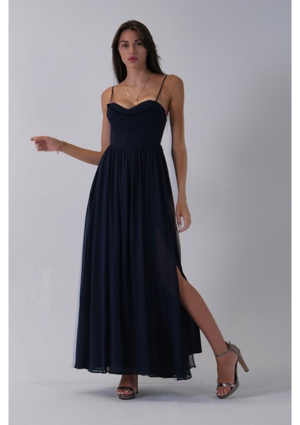 Lacivert Askılı Drapeli Uzun Şifon Abiye 08020032.02