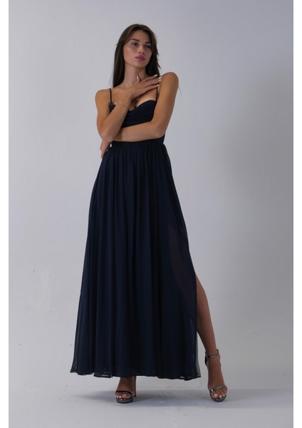 Lacivert Askılı Drapeli Uzun Şifon Abiye 08020032.02 fiyatları