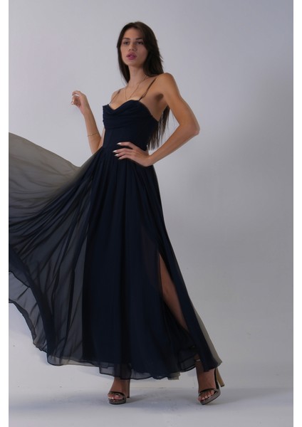 Lacivert Askılı Drapeli Uzun Şifon Abiye 08020032.02 modelleri