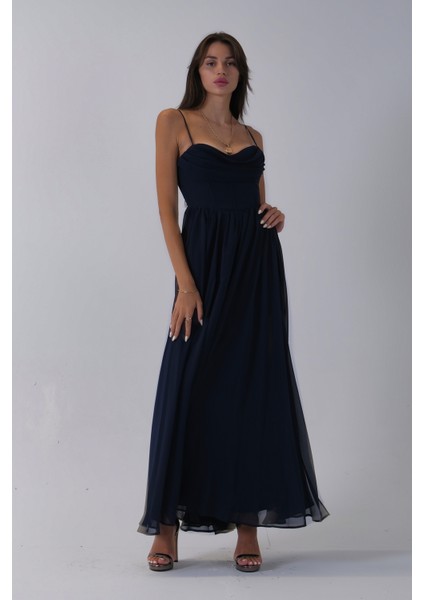 Lacivert Askılı Drapeli Uzun Şifon Abiye 08020032.02 fırsatları