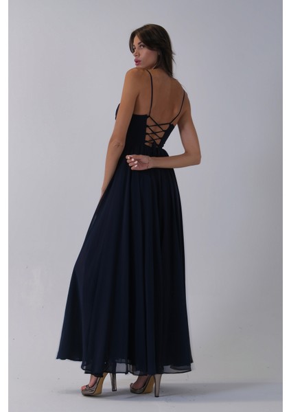 Lacivert Askılı Drapeli Uzun Şifon Abiye 08020032.02 indirimleri