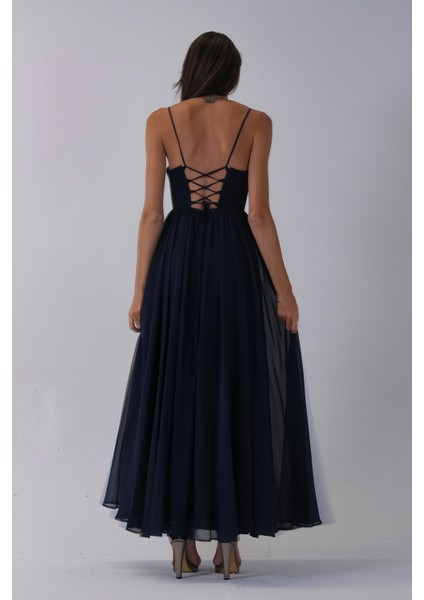 Lacivert Askılı Drapeli Uzun Şifon Abiye 08020032.02