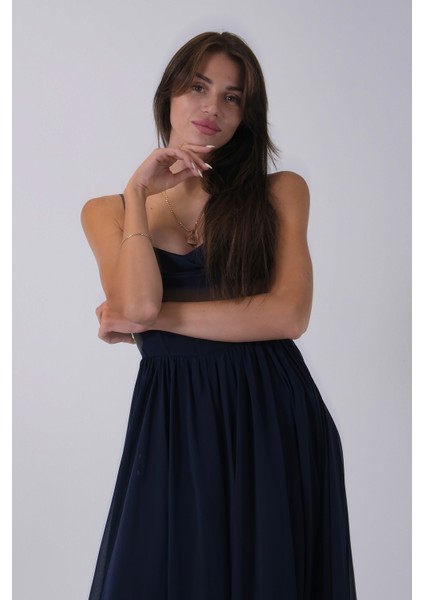 Lacivert Askılı Drapeli Uzun Şifon Abiye 08020032.02