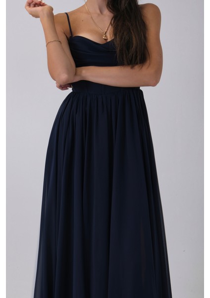 Lacivert Askılı Drapeli Uzun Şifon Abiye 08020032.02