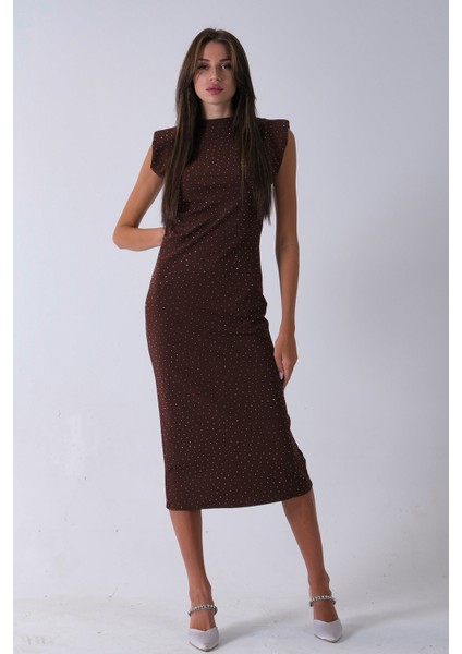 Kahve Büzgülü Üzeri Taş Detaylı Elbise 03050336.05