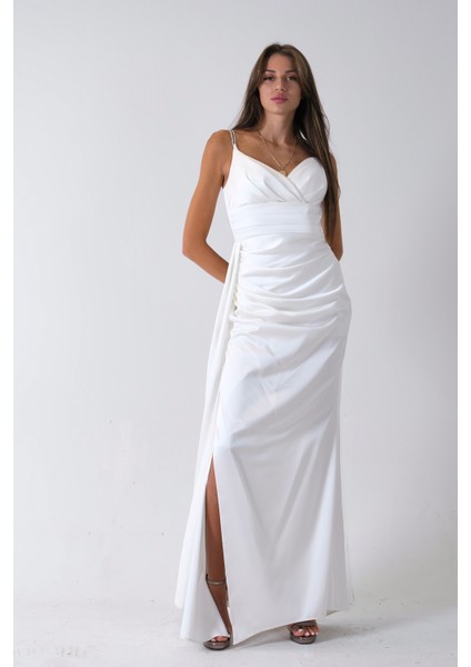 Beyaz Gümüş Askı Detaylı Yırtmaçlı Straplez Abiye 0801023.15 modelleri