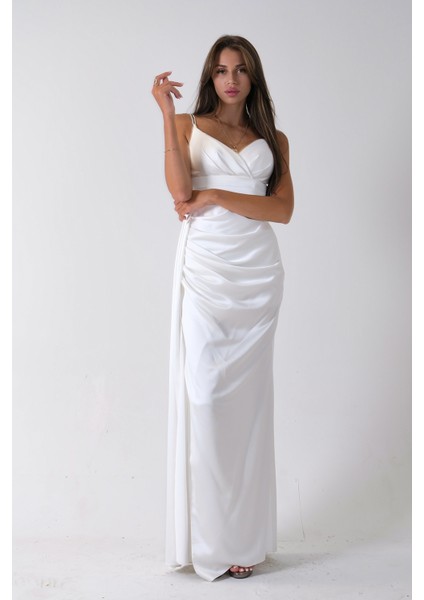 Beyaz Gümüş Askı Detaylı Yırtmaçlı Straplez Abiye 0801023.15 indirimleri