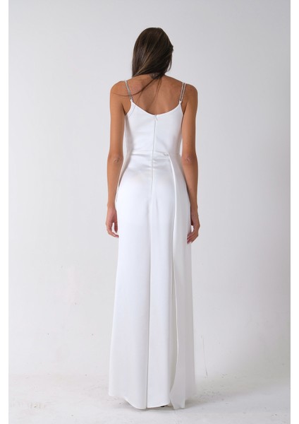 Beyaz Gümüş Askı Detaylı Yırtmaçlı Straplez Abiye 0801023.15