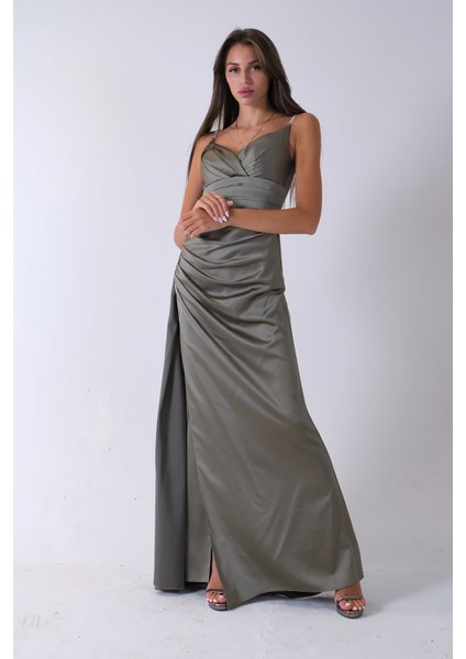 Haki Gümüş Askı Detaylı Yırtmaçlı Straplez Abiye 0801023.23