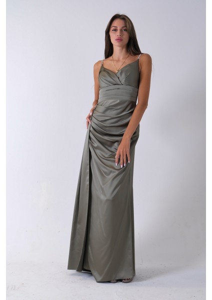 Haki Gümüş Askı Detaylı Yırtmaçlı Straplez Abiye 0801023.23 fiyatları