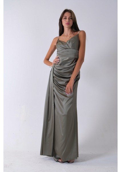 Haki Gümüş Askı Detaylı Yırtmaçlı Straplez Abiye 0801023.23 modelleri