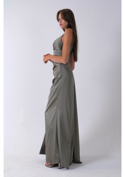 Haki Gümüş Askı Detaylı Yırtmaçlı Straplez Abiye 0801023.23 fırsatları